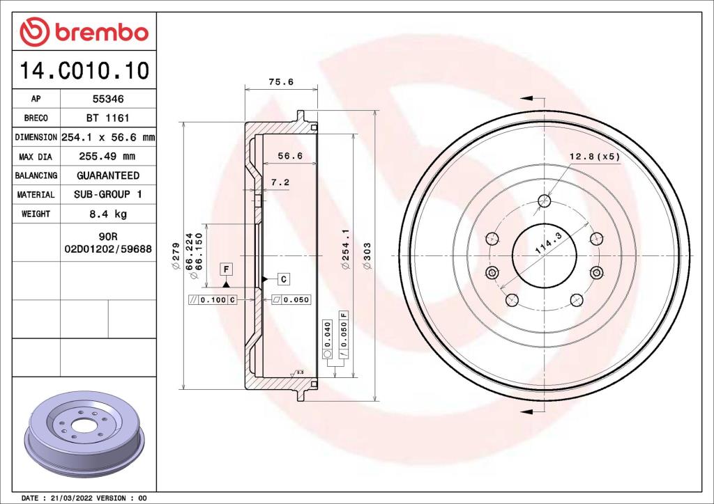 Tambour de frein BREMBO ref. 14.C010.10