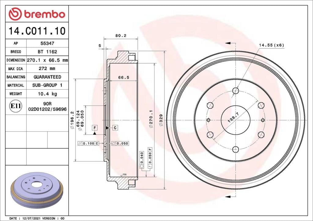 Tambour de frein BREMBO ref. 14.C011.10