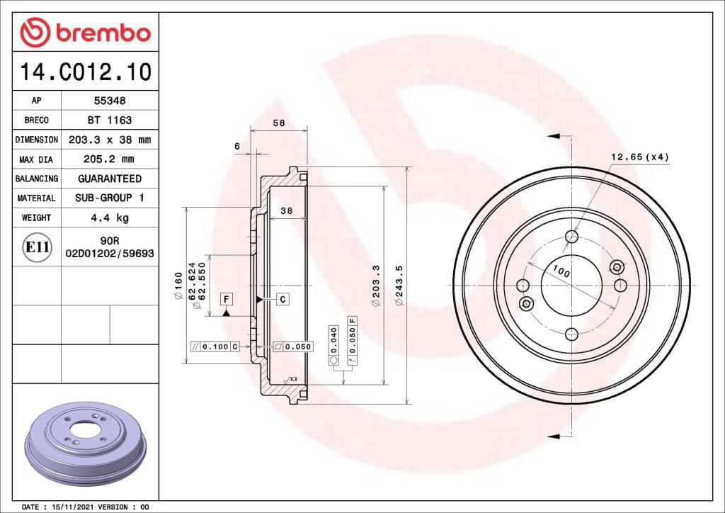 Tambour de frein BREMBO ref. 14.C012.10
