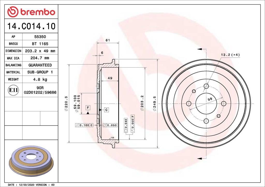 Tambour de frein BREMBO ref. 14.C014.10