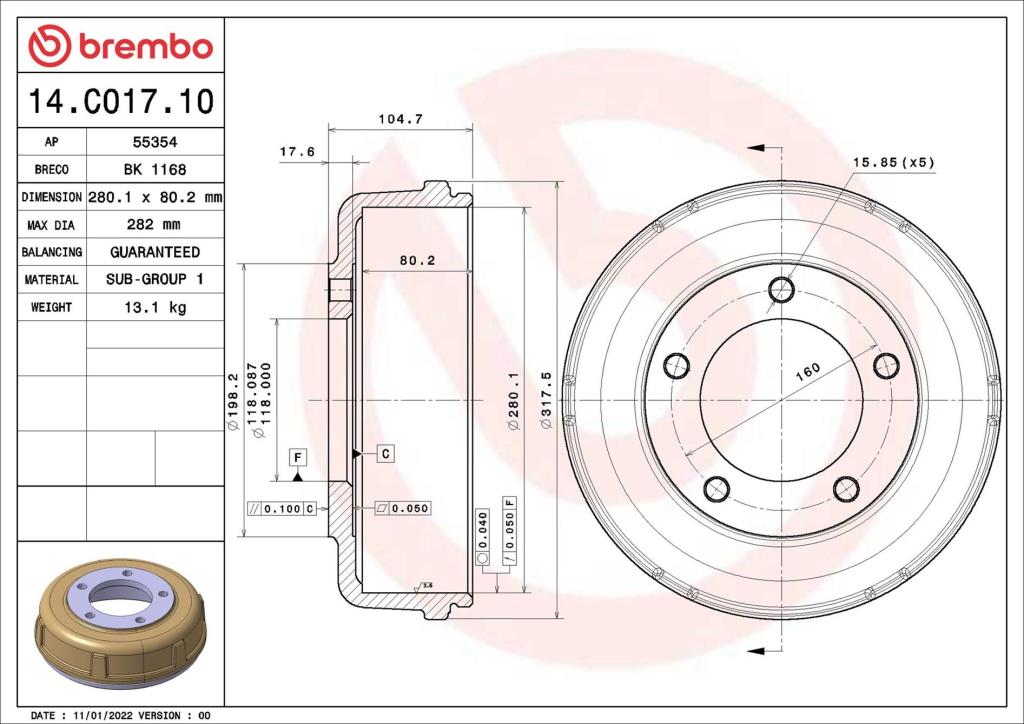 Tambor de travão BREMBO ref. 14.C017.10