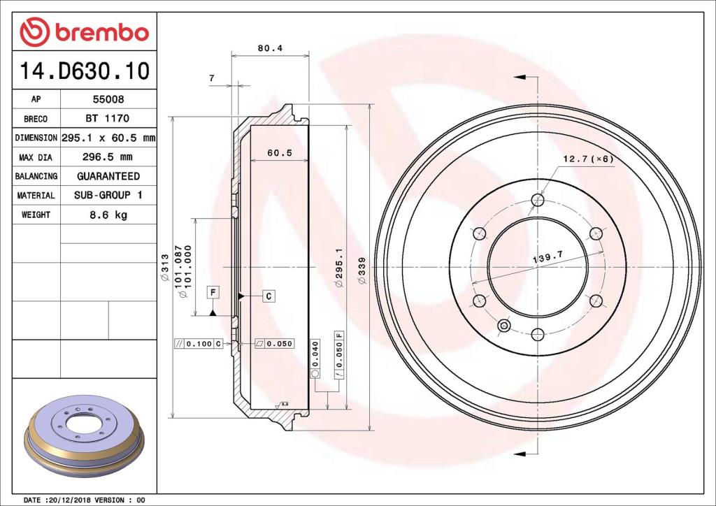 Tambour de frein BREMBO ref. 14.D630.10
