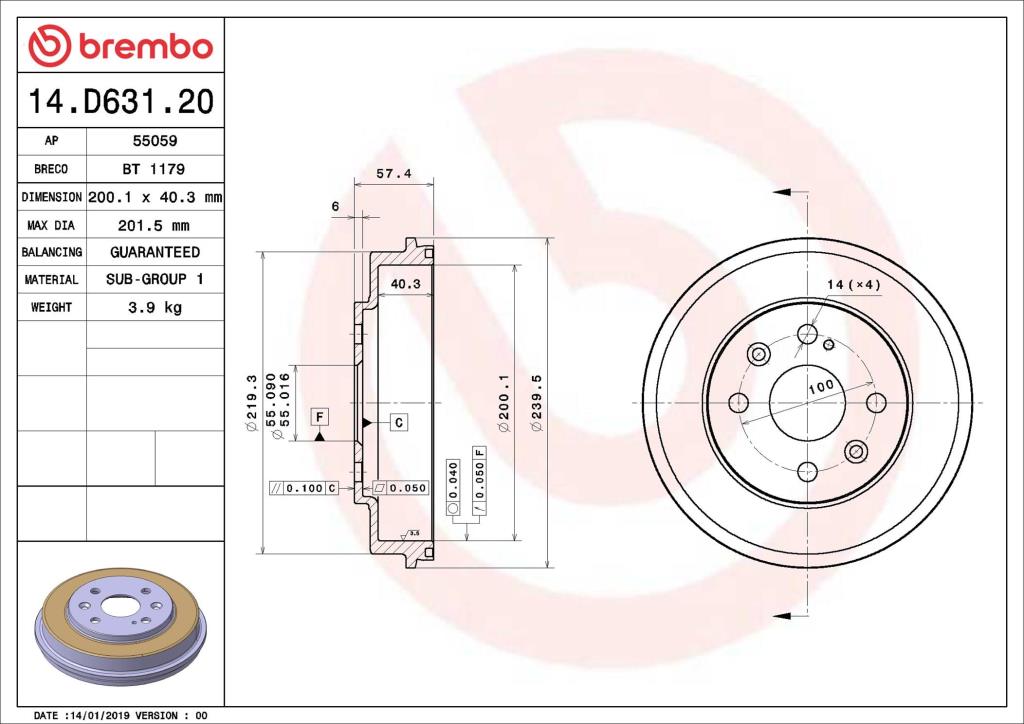 Tambour de frein BREMBO ref. 14.D631.20