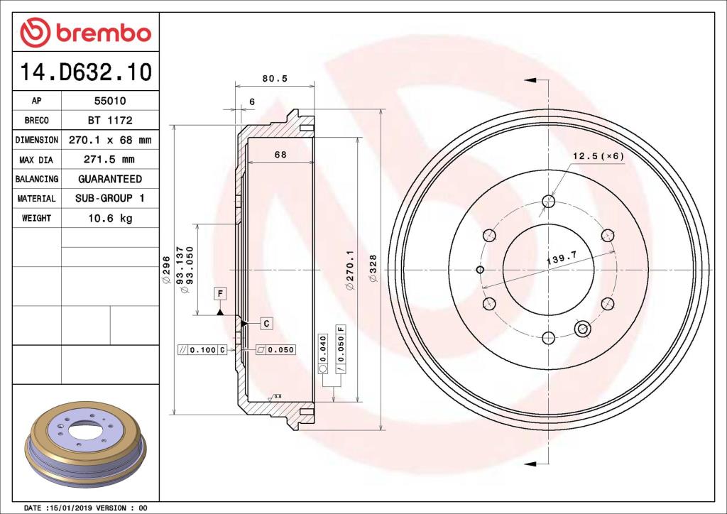Tambour de frein BREMBO ref. 14.D632.10