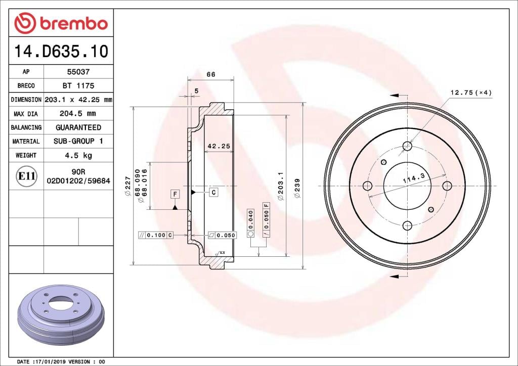 Tambor de travão BREMBO ref. 14.D635.10