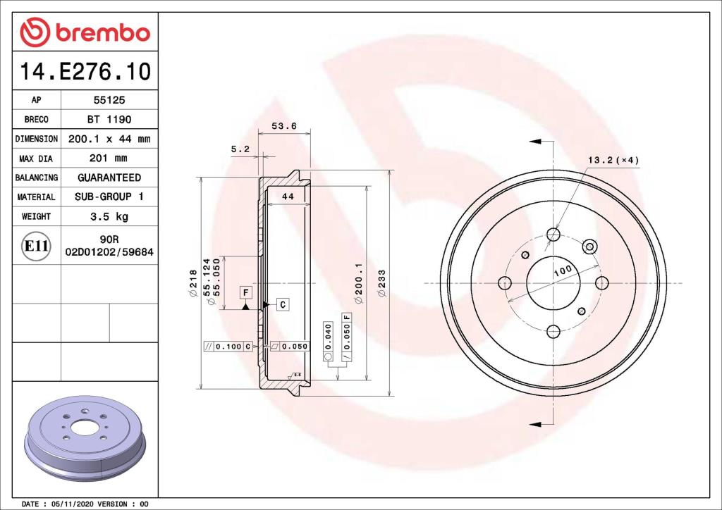 Tambor de travão BREMBO ref. 14.E276.10