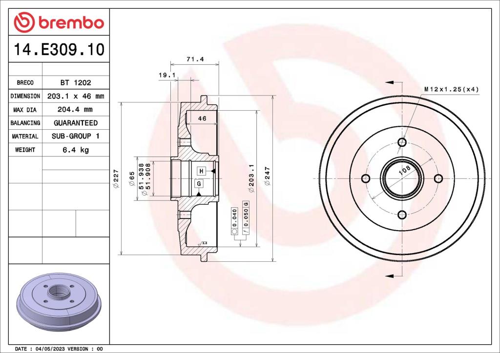 Tambour de frein BREMBO ref. 14.E309.10