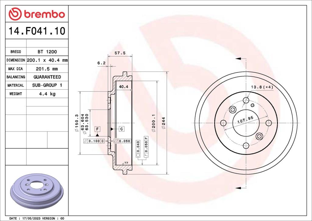 Tambor de travão BREMBO ref. 14.F041.10