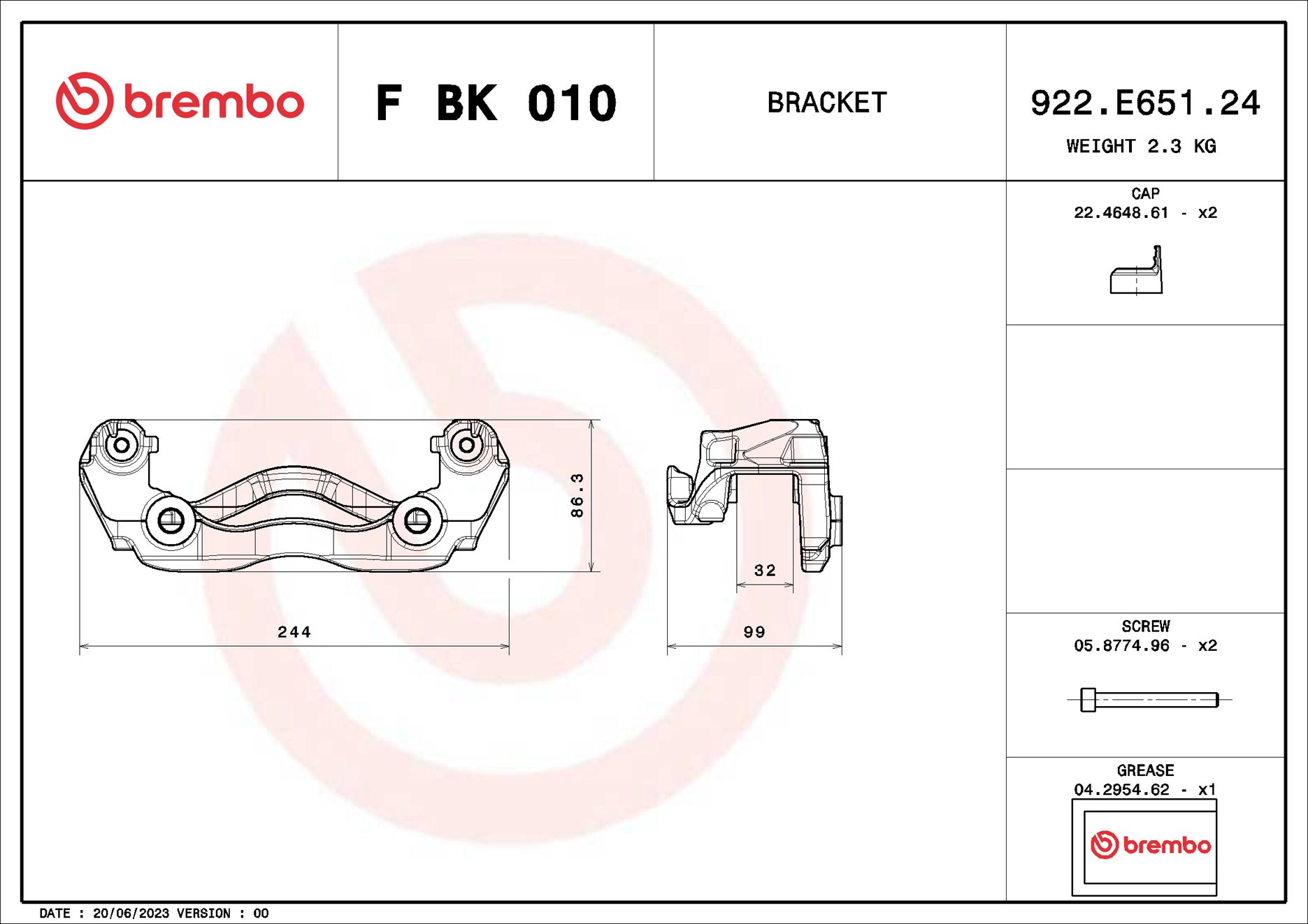 Jeu de supports d'étriers de freins BREMBO ref. F BK 010