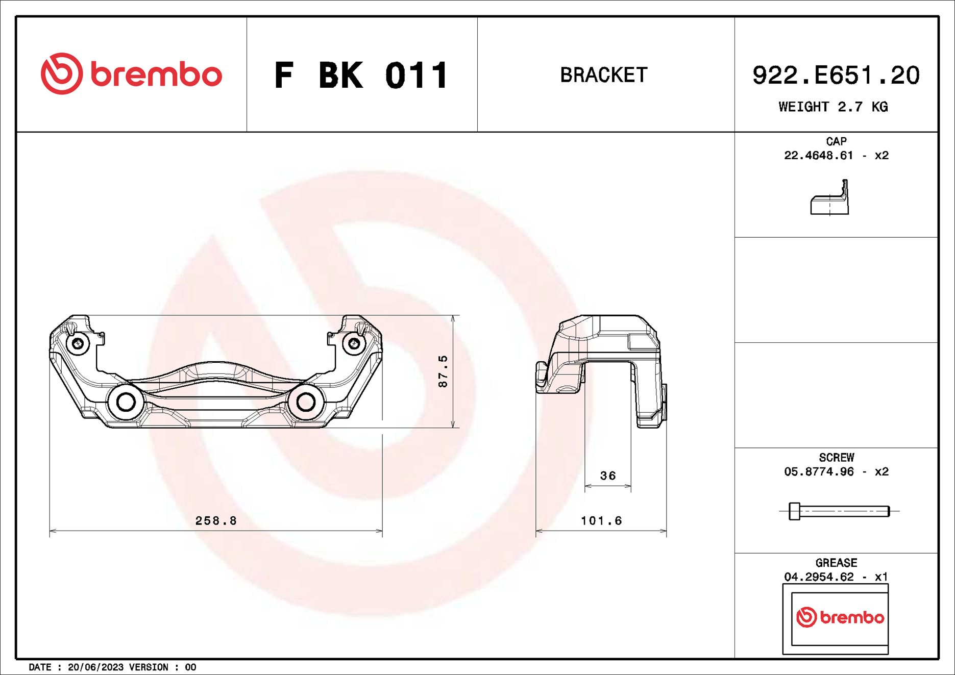 Jeu de supports d'étriers de freins BREMBO ref. F BK 011