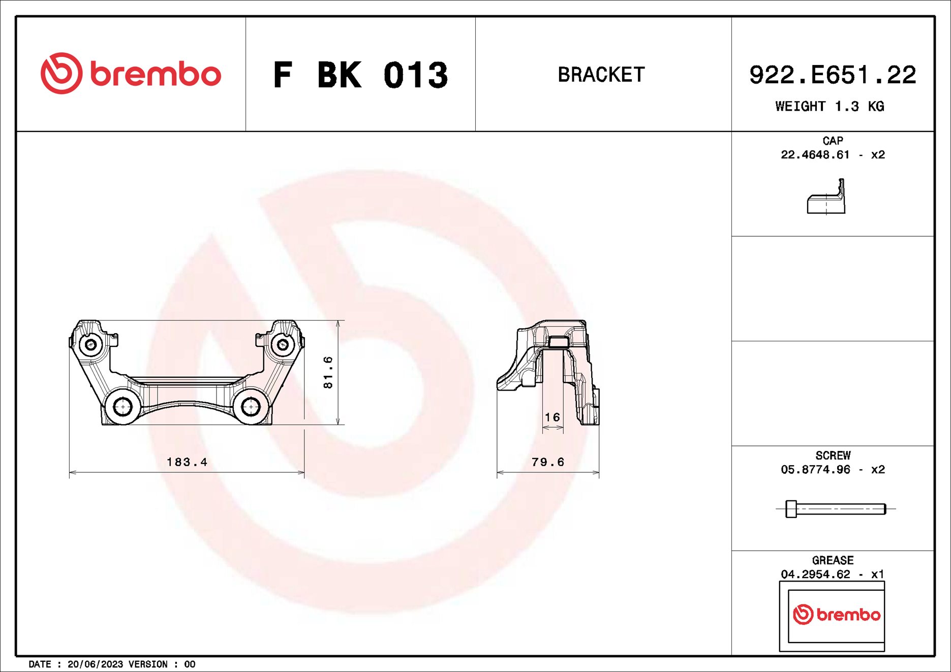 Jeu de supports d'étriers de freins BREMBO ref. F BK 013