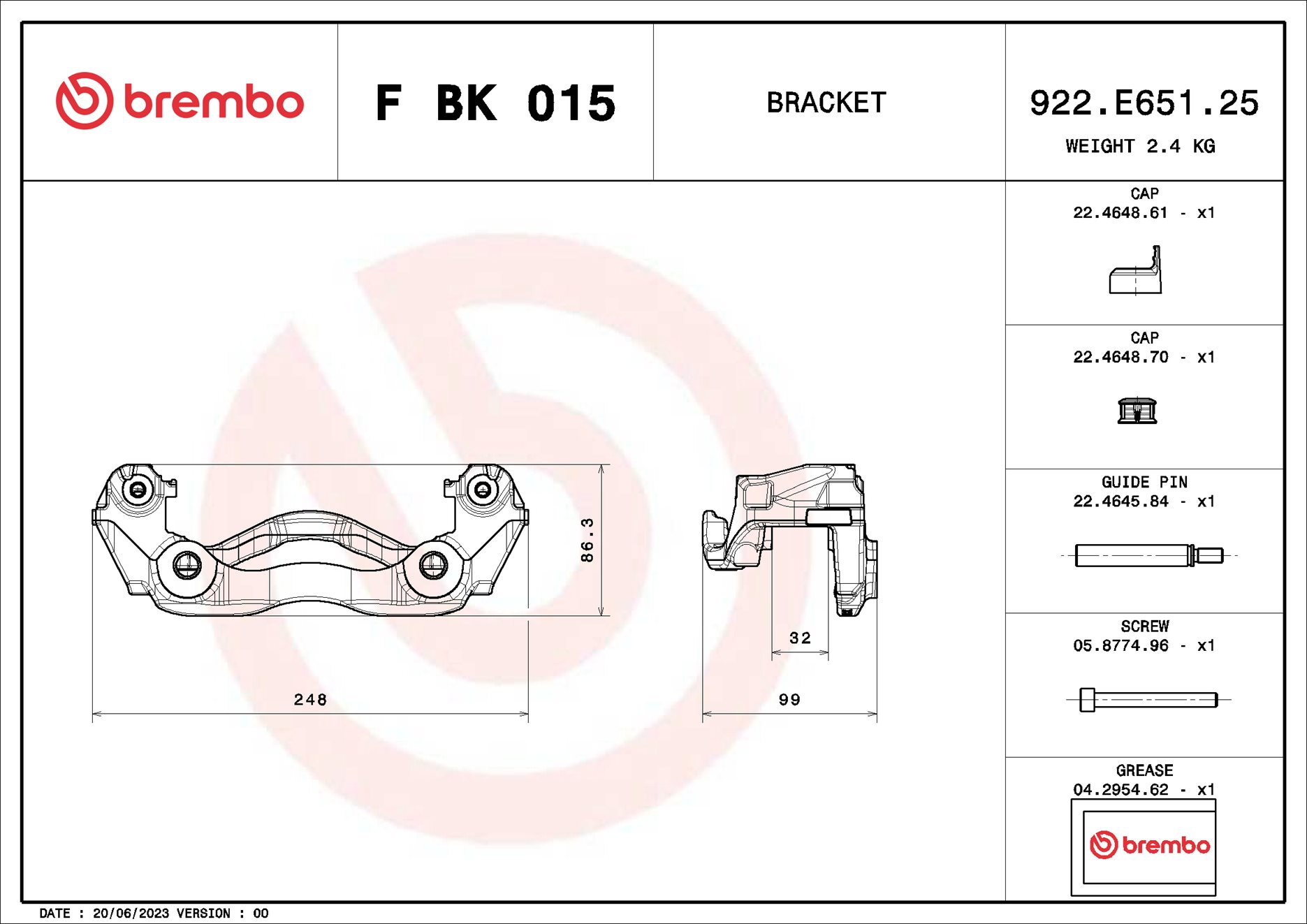 Jeu de supports d'étriers de freins BREMBO ref. F BK 015