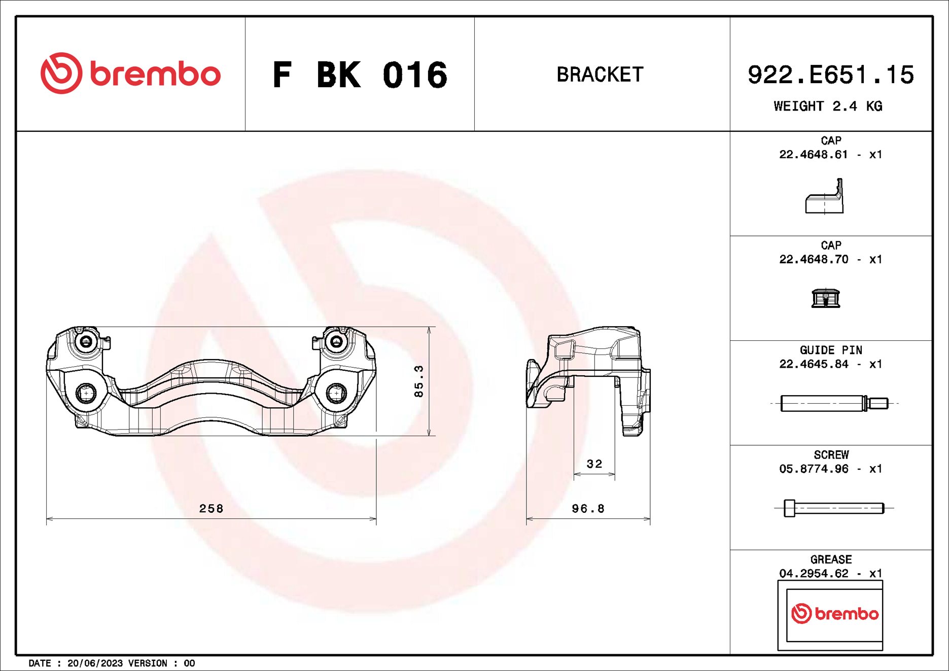 Jeu de supports d'étriers de freins BREMBO ref. F BK 016