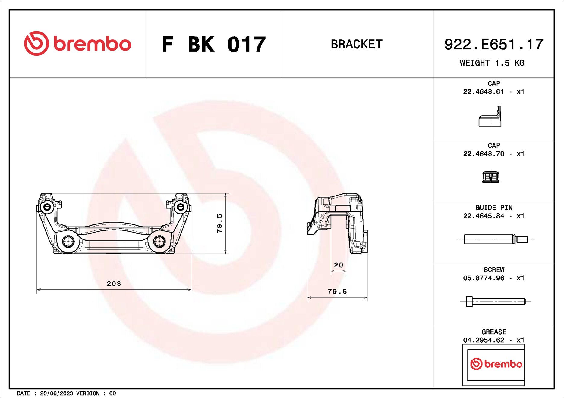 Jeu de supports d'étriers de freins BREMBO F BK 017