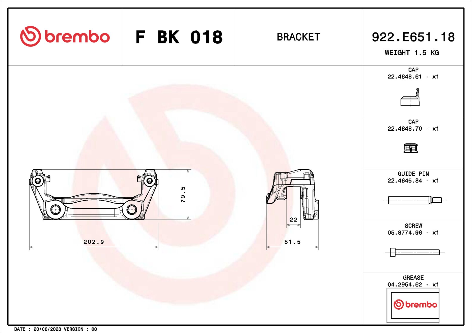 Jeu de supports d'étriers de freins BREMBO ref. F BK 018