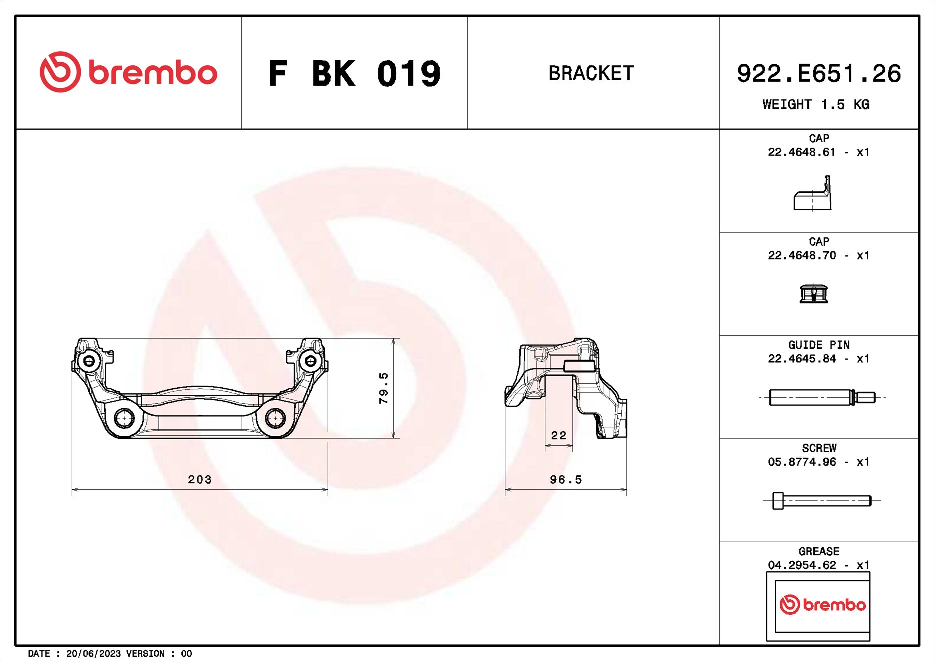Jeu de supports d'étriers de freins BREMBO ref. F BK 019