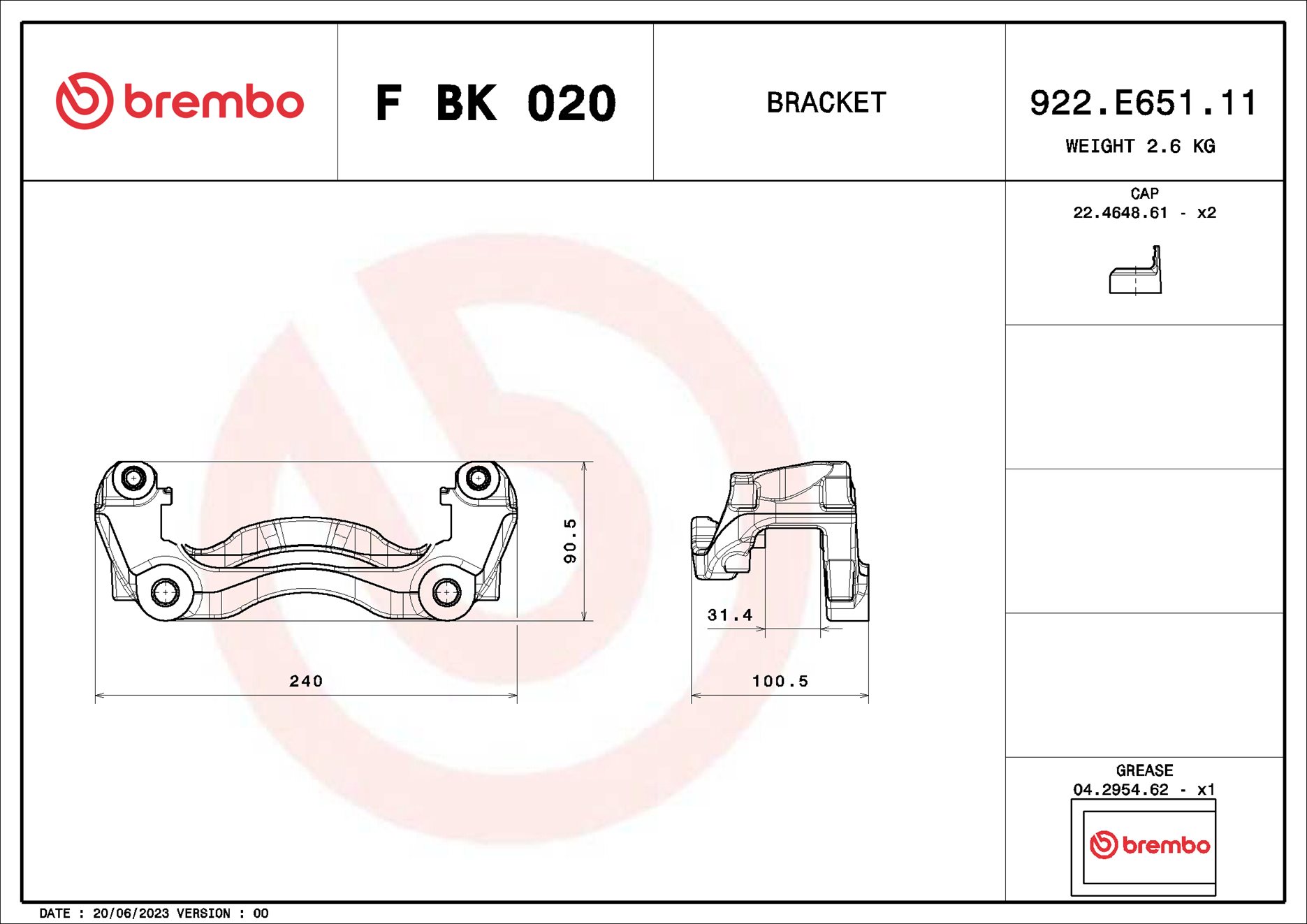 Jeu de supports d'étriers de freins BREMBO ref. F BK 020