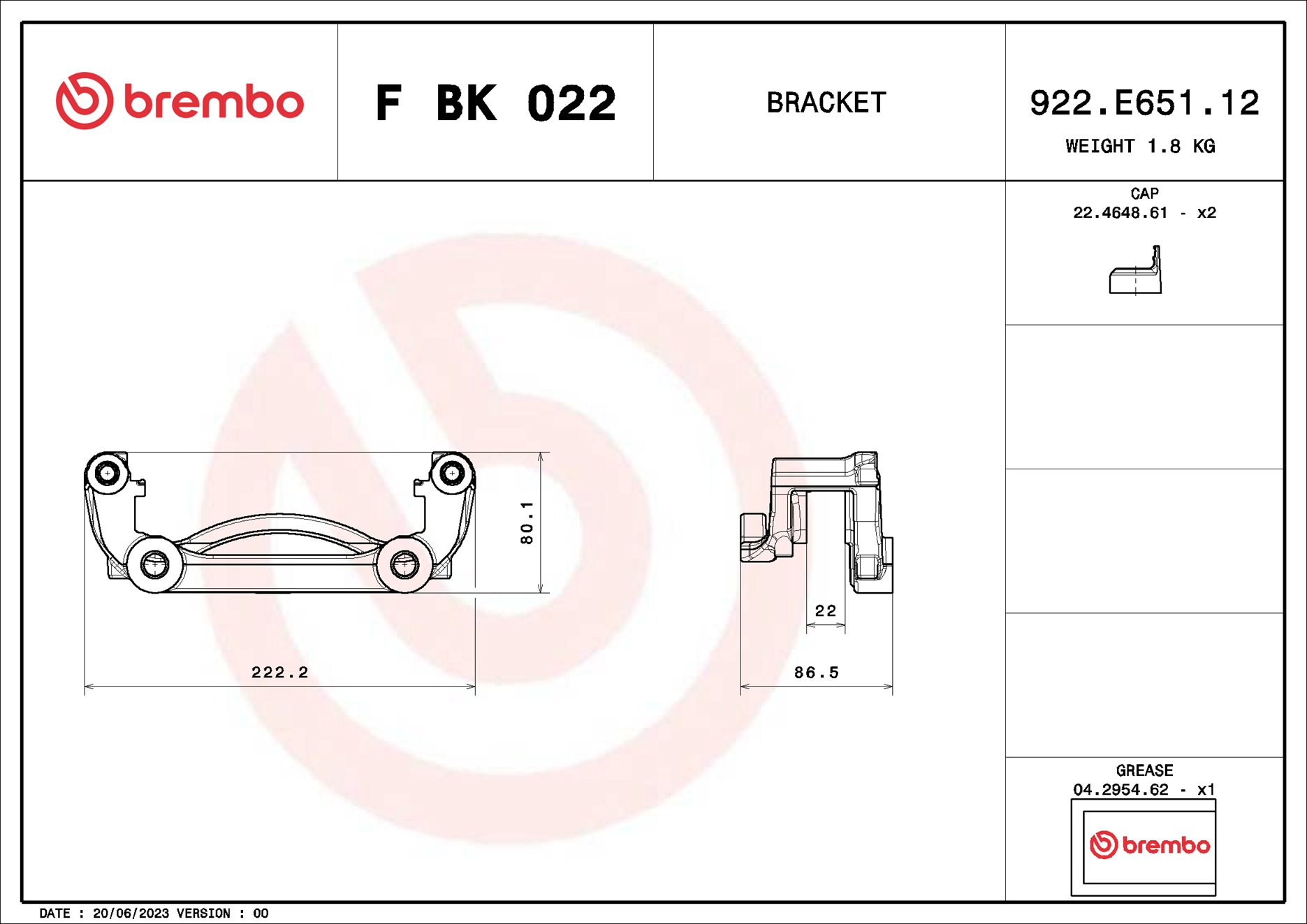 Jeu de supports d'étriers de freins BREMBO ref. F BK 022