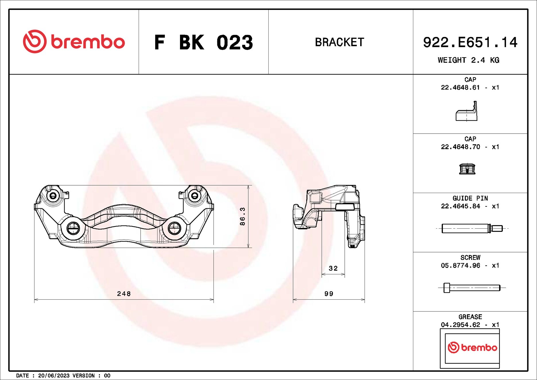 Jeu de supports d'étriers de freins BREMBO ref. F BK 023