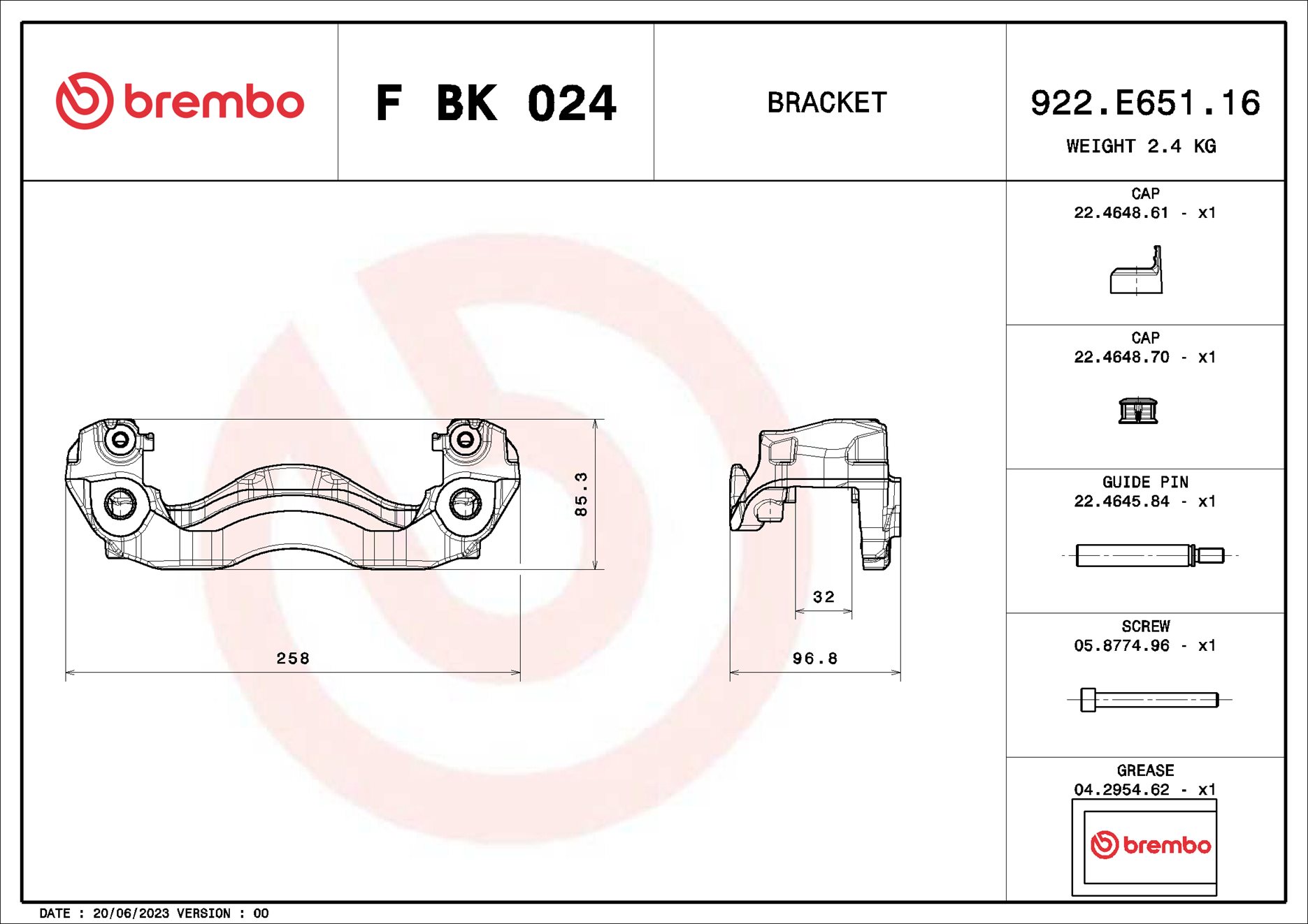 Jeu de supports d'étriers de freins BREMBO ref. F BK 024