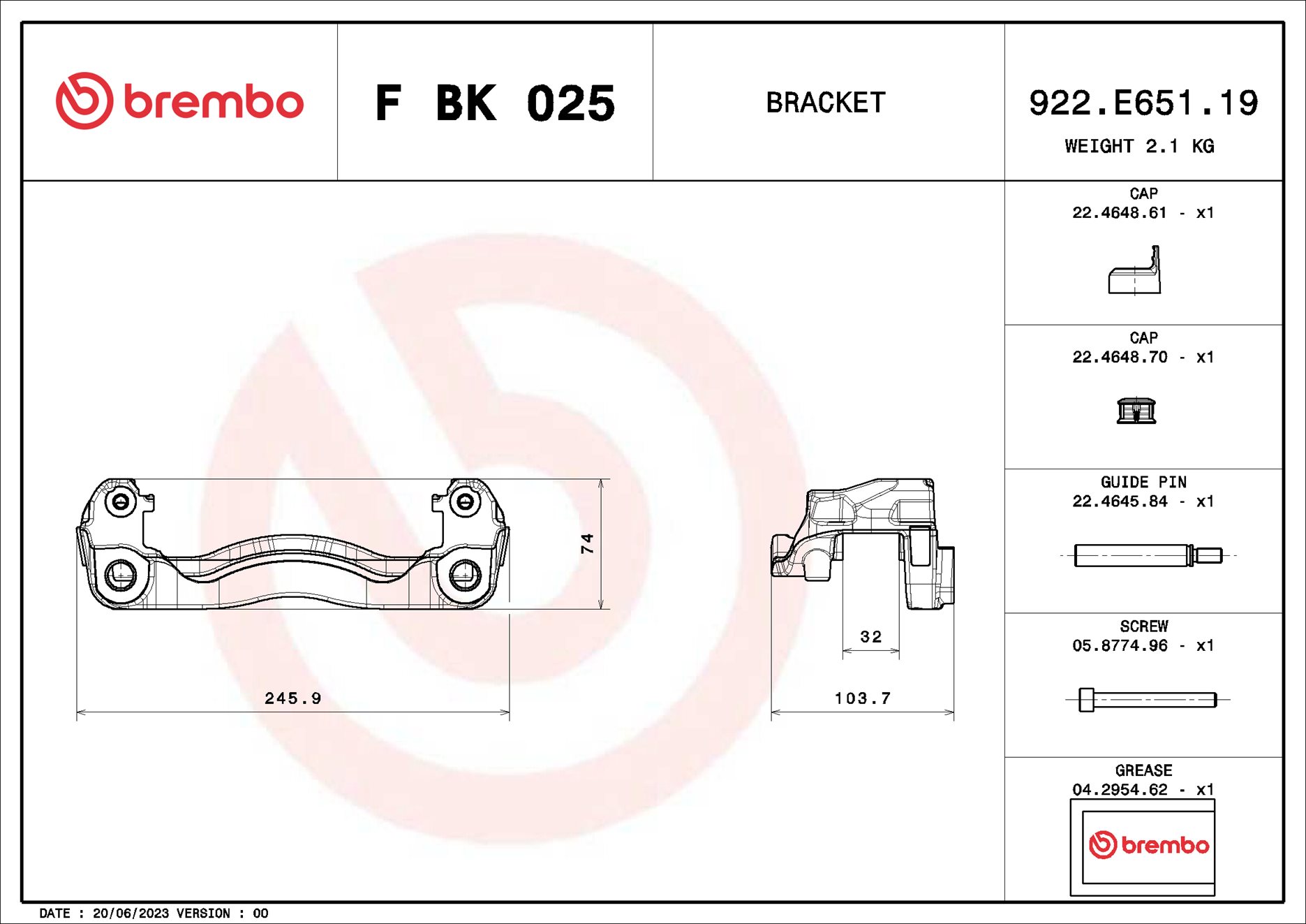 Jeu de supports d'étriers de freins BREMBO ref. F BK 025