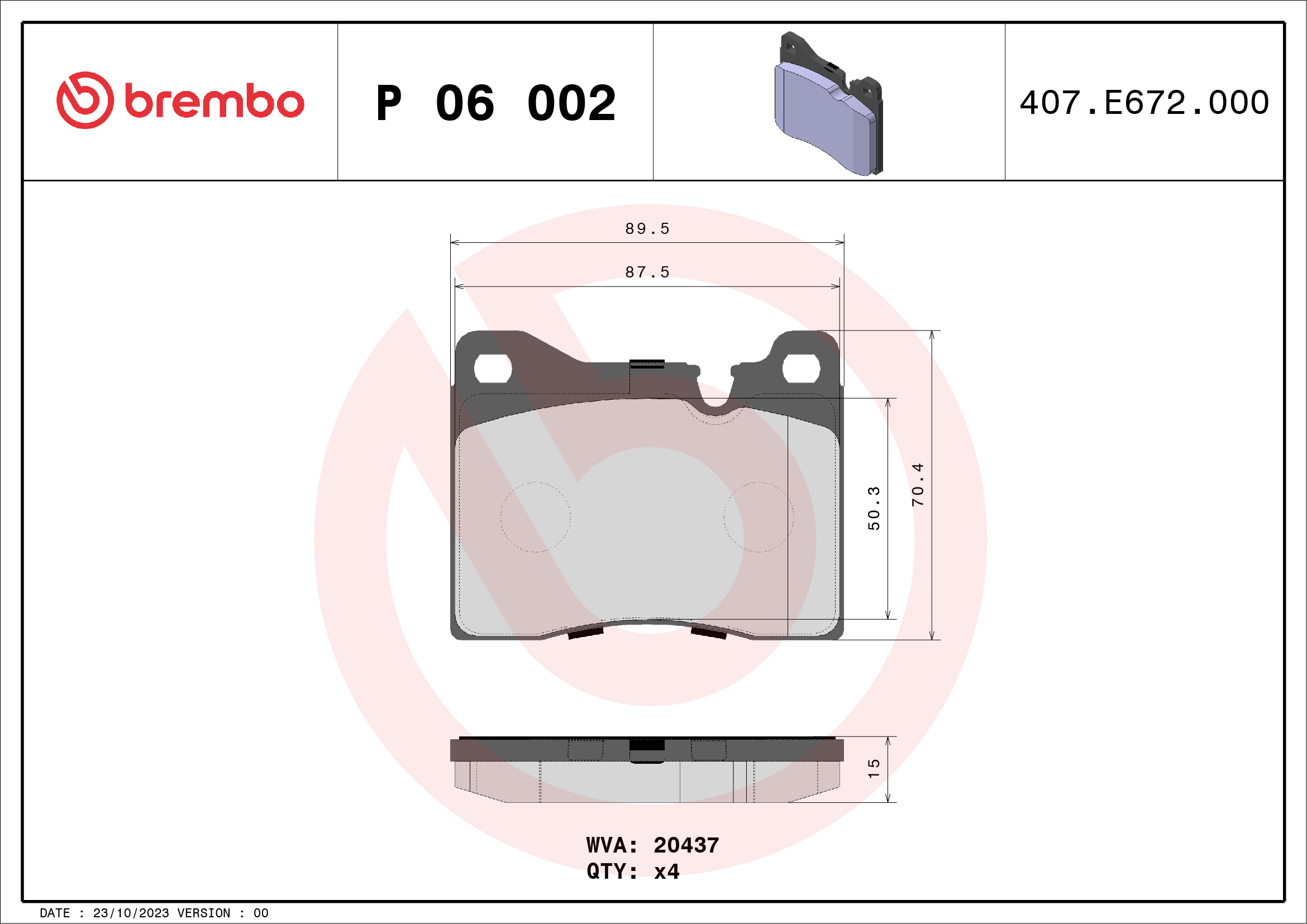 Jeu de 4 plaquettes de frein BREMBO ref. P 06 002