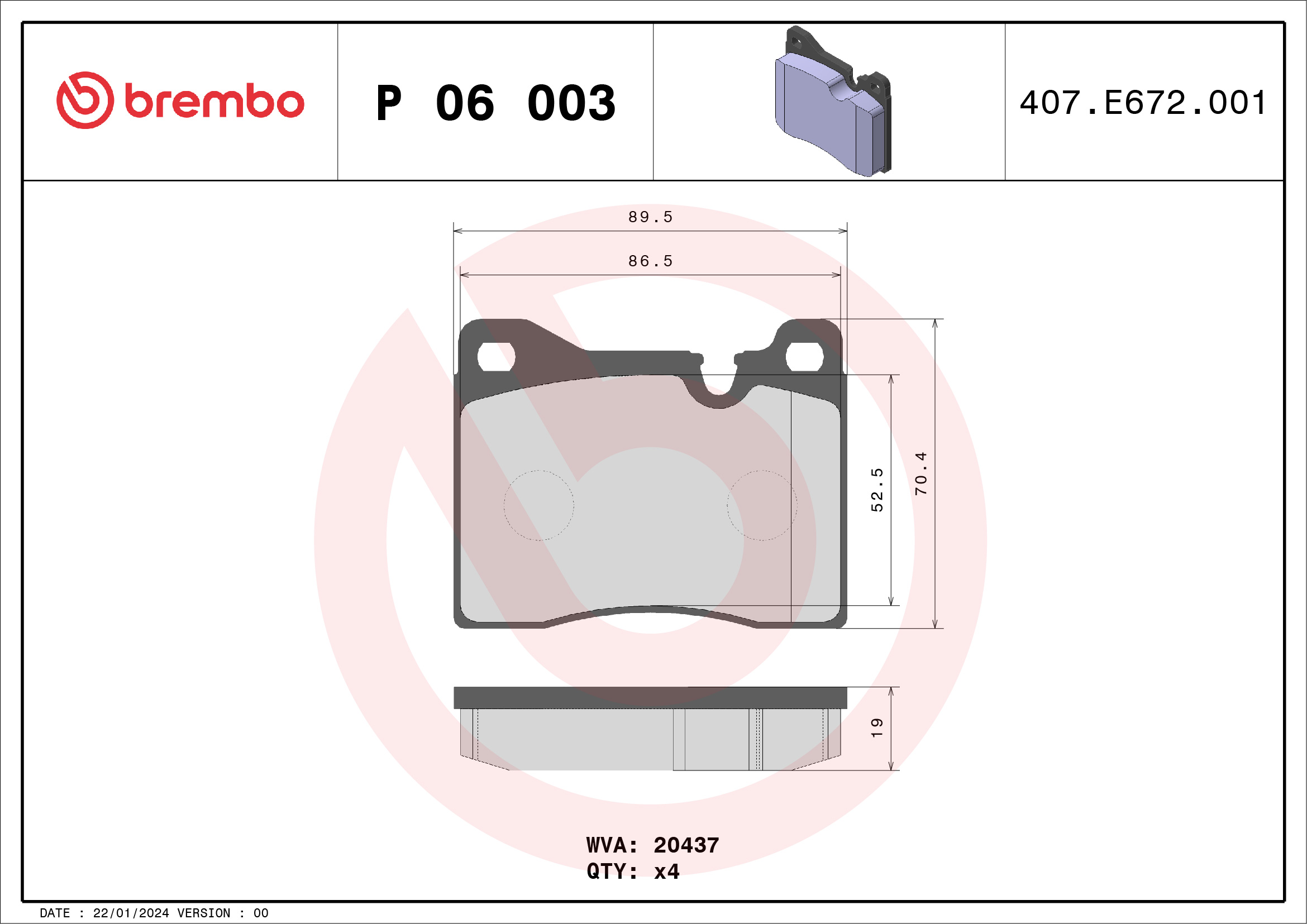 Jeu de 4 plaquettes de frein BREMBO ref. P 06 003