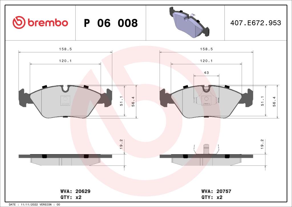 Jogo de 4 pastilhas de travão BREMBO ref. P 06 008
