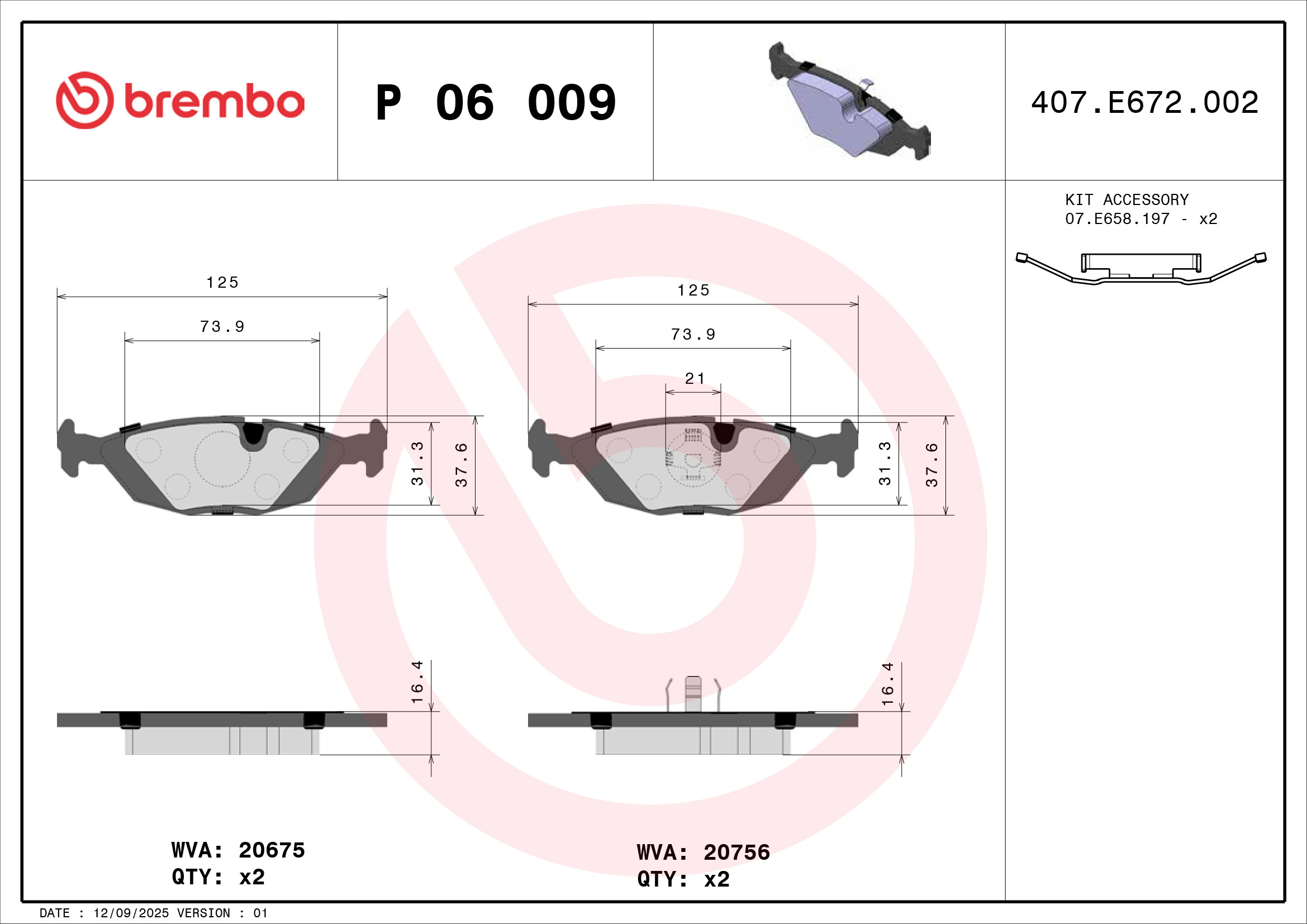Jogo de 4 pastilhas de travão BREMBO ref. P 06 009