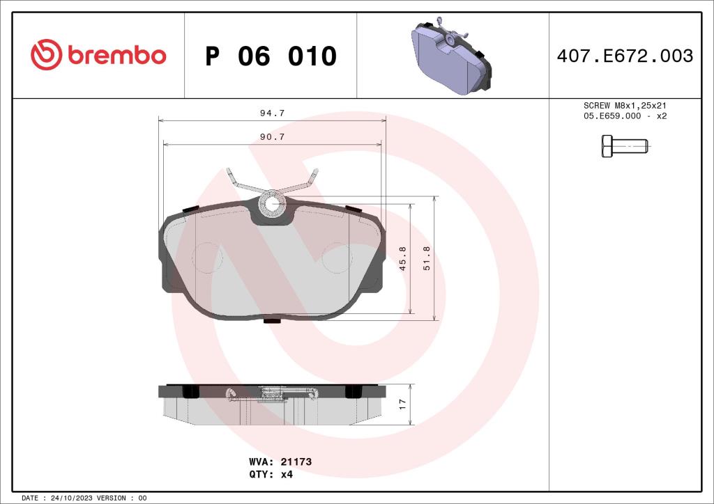 Jogo de 4 pastilhas de travão BREMBO ref. P 06 010