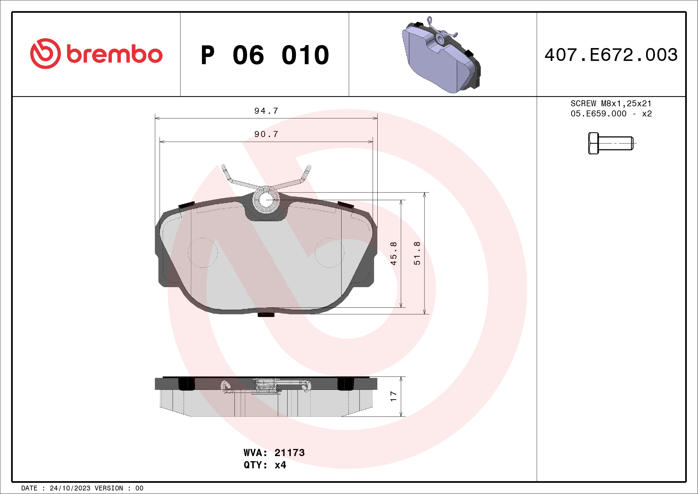 Jogo de 4 pastilhas de travão BREMBO ref. P 06 010