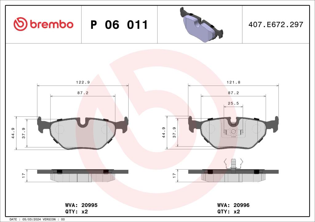 Jogo de 4 pastilhas de travão BREMBO ref. P 06 011