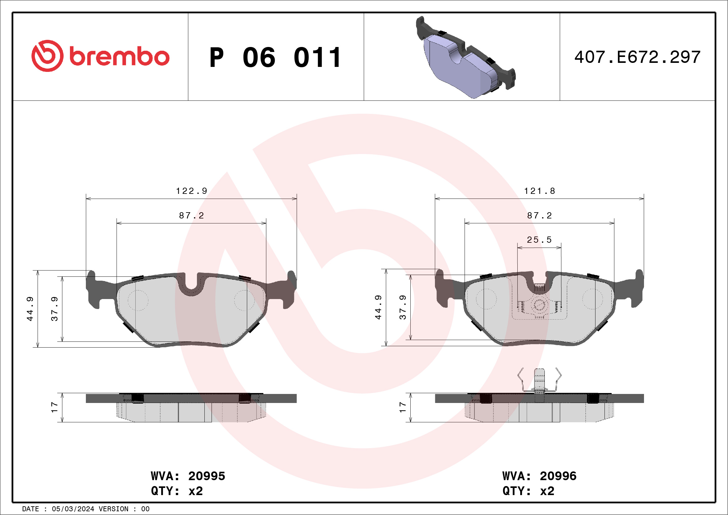 Jogo de 4 pastilhas de travão BREMBO ref. P 06 011