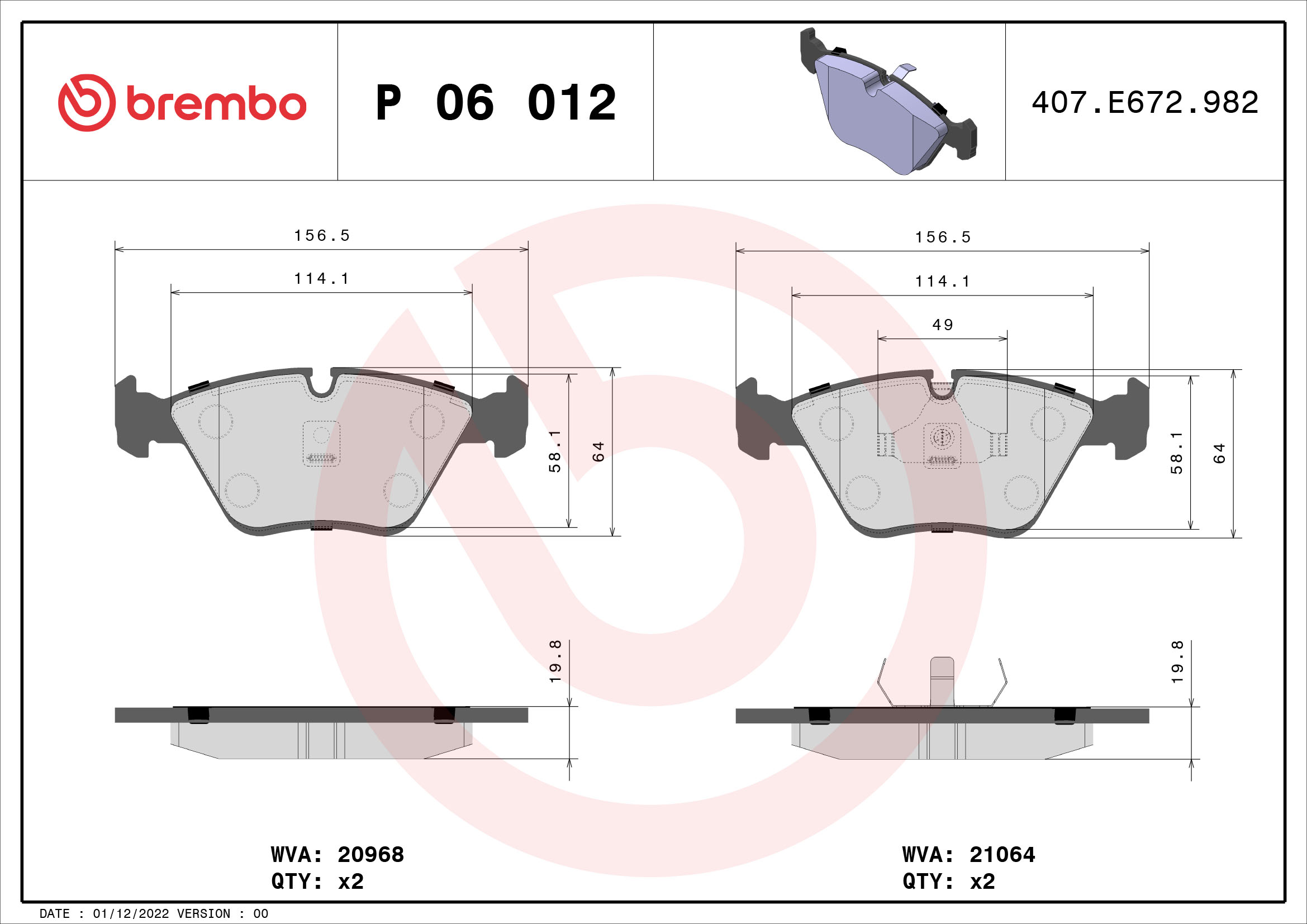 Jeu de 4 plaquettes de frein BREMBO ref. P 06 012