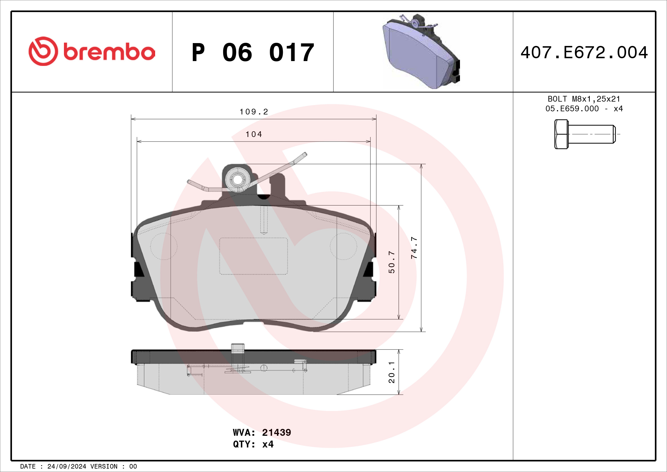 Jogo de 4 pastilhas de travão BREMBO ref. P 06 017