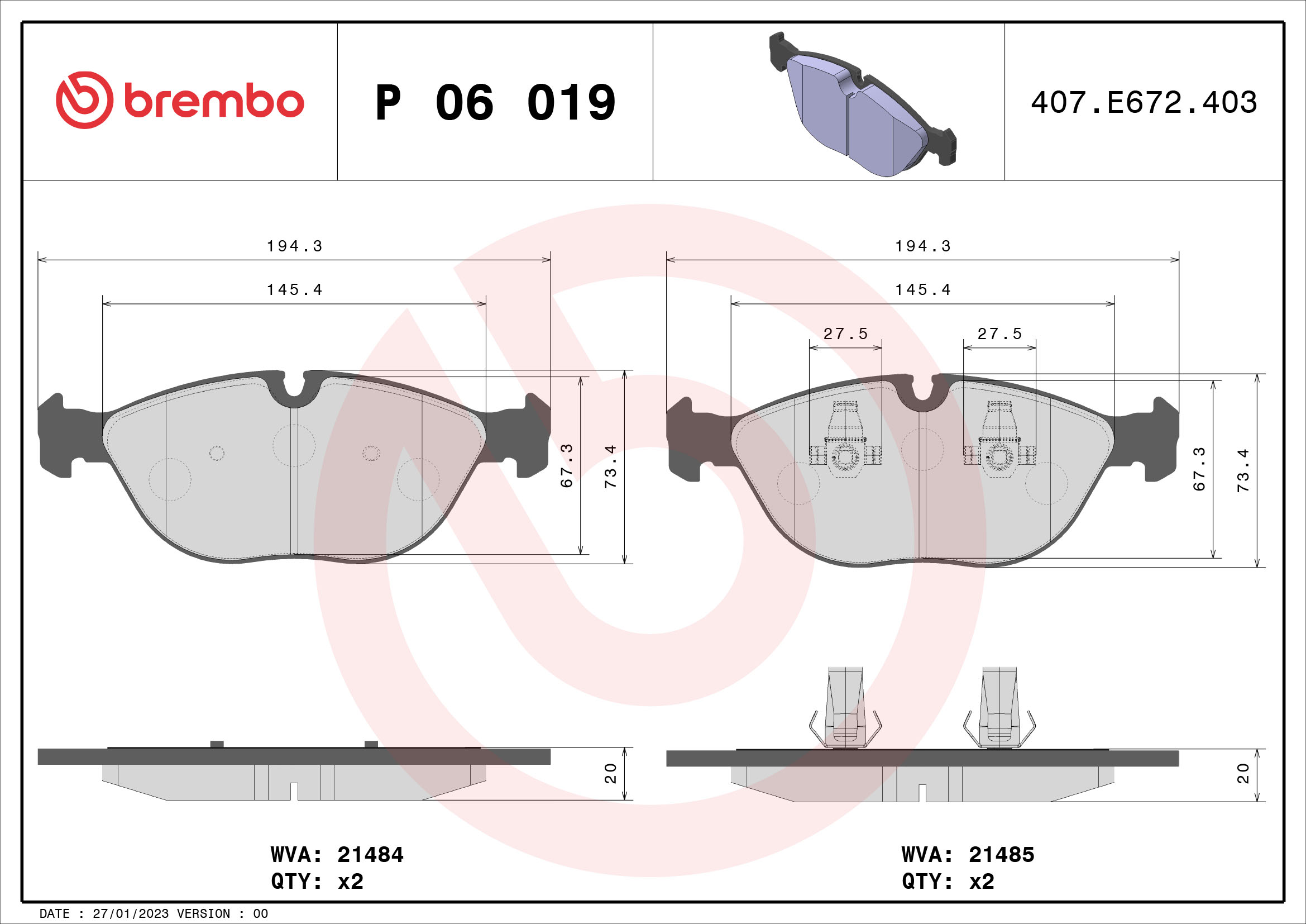 Jogo de 4 pastilhas de travão BREMBO ref. P 06 019
