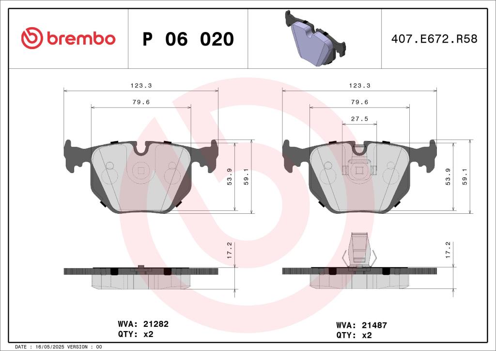 Jogo de 4 pastilhas de travão BREMBO ref. P 06 020