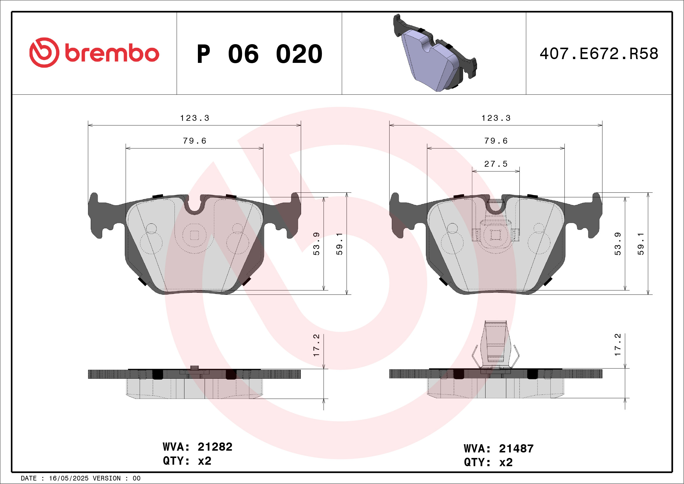 Jogo de 4 pastilhas de travão BREMBO ref. P 06 020