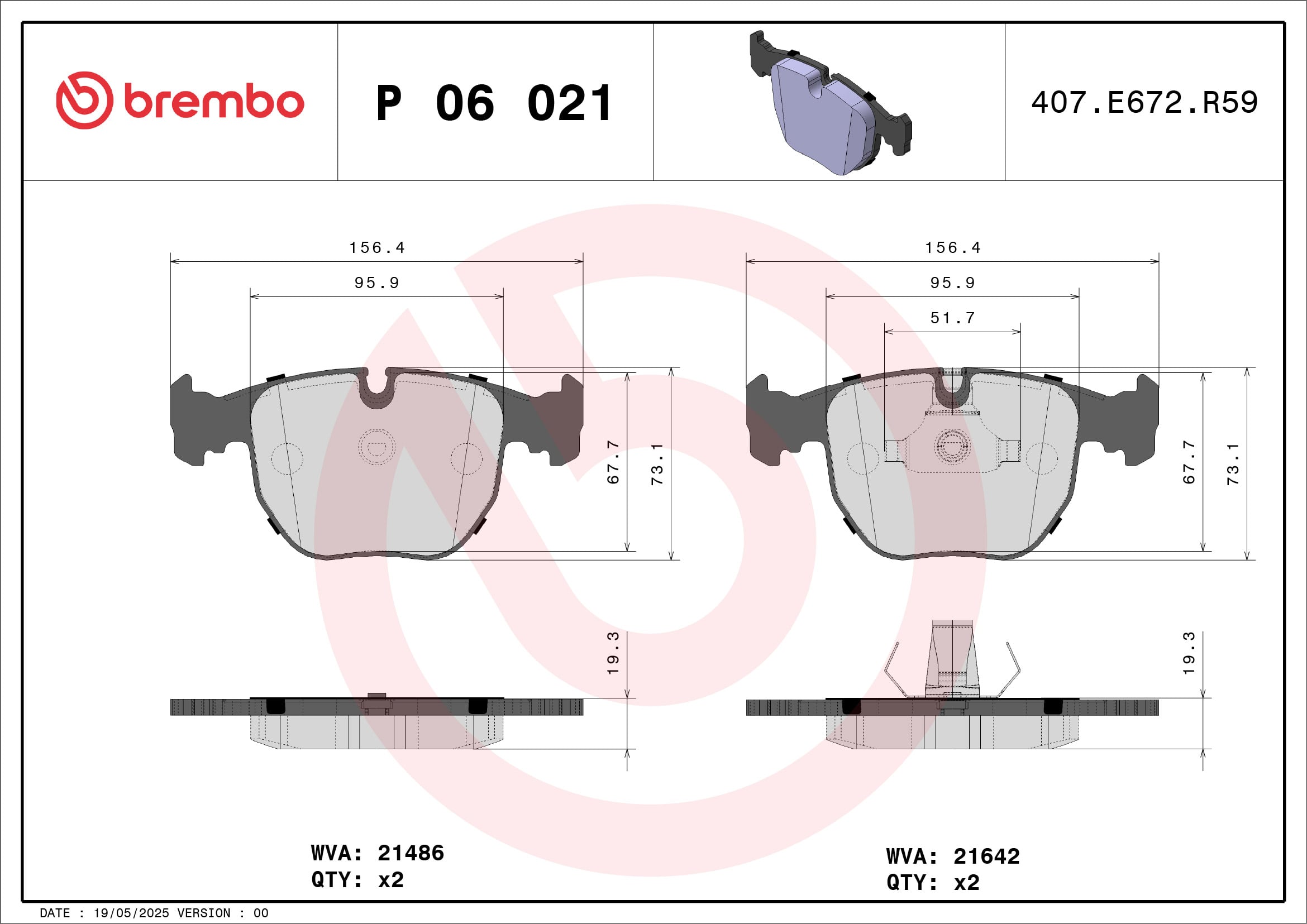 Jogo de 4 pastilhas de travão BREMBO ref. P 06 021