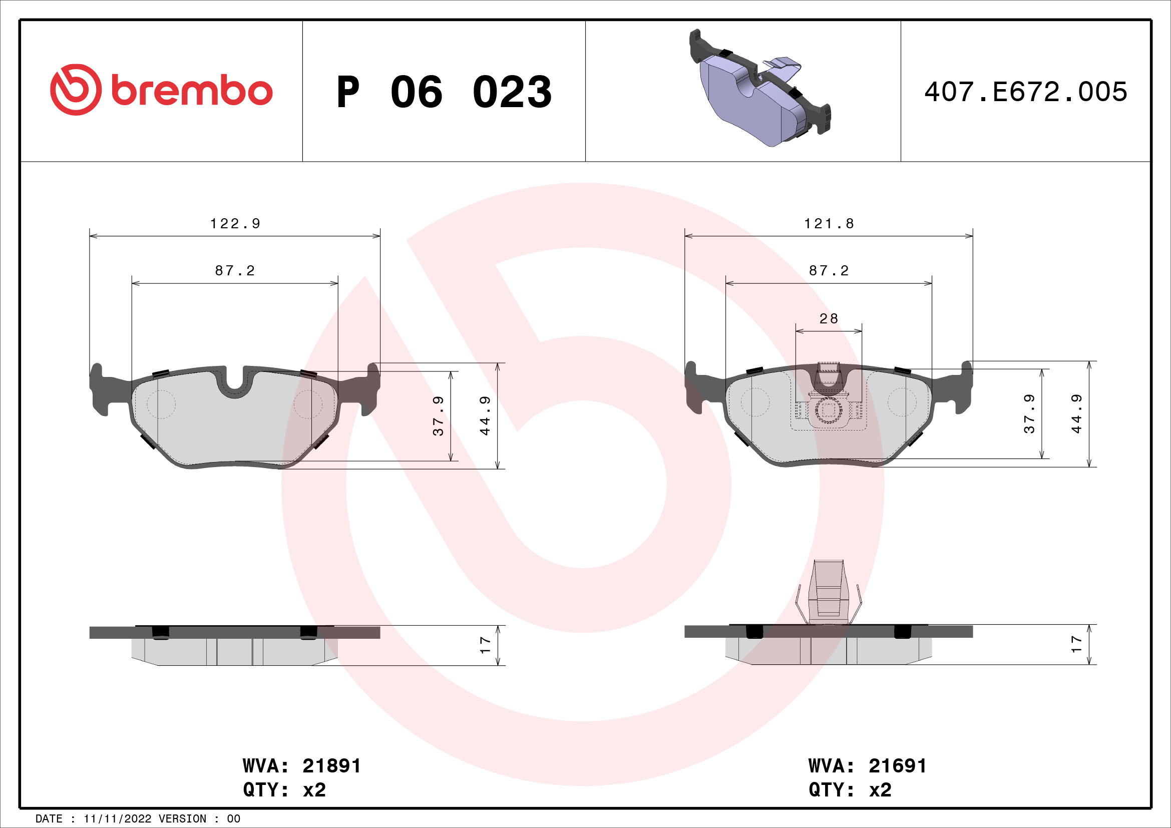 Jeu de 4 plaquettes de frein BREMBO P 06 023