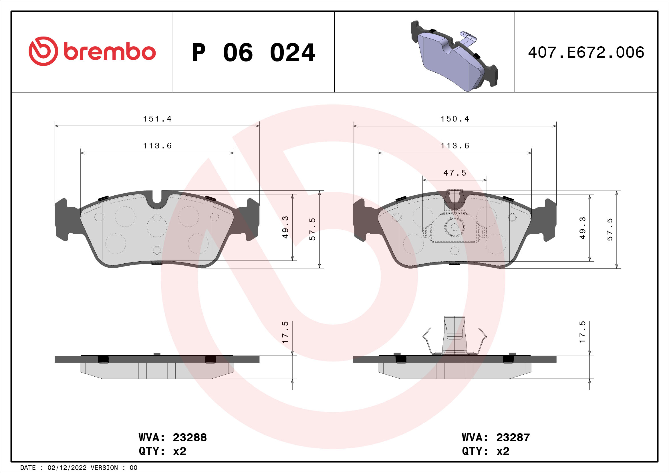 Jeu de 4 plaquettes de frein BREMBO ref. P 06 024
