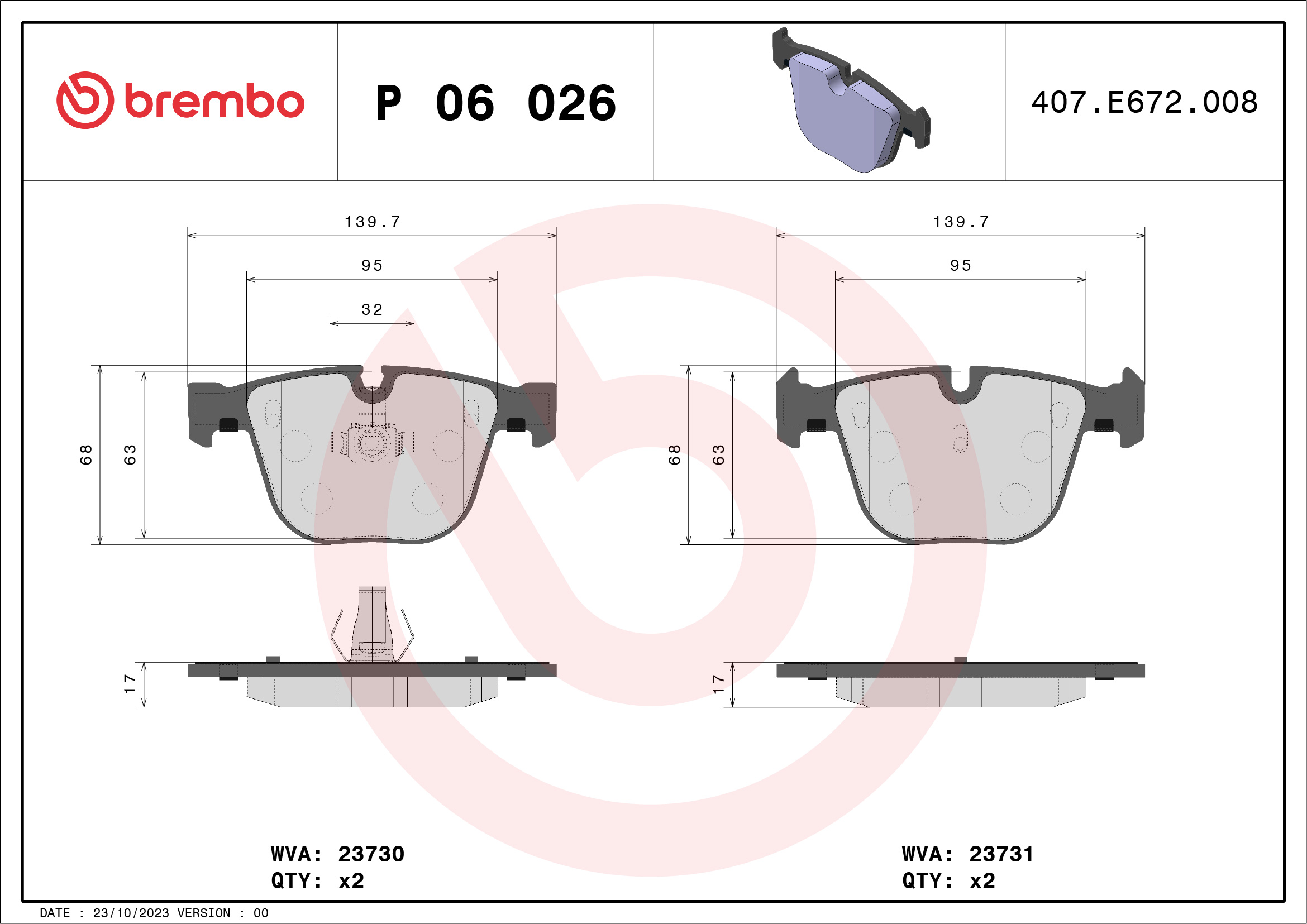 Jogo de 4 pastilhas de travão BREMBO ref. P 06 026