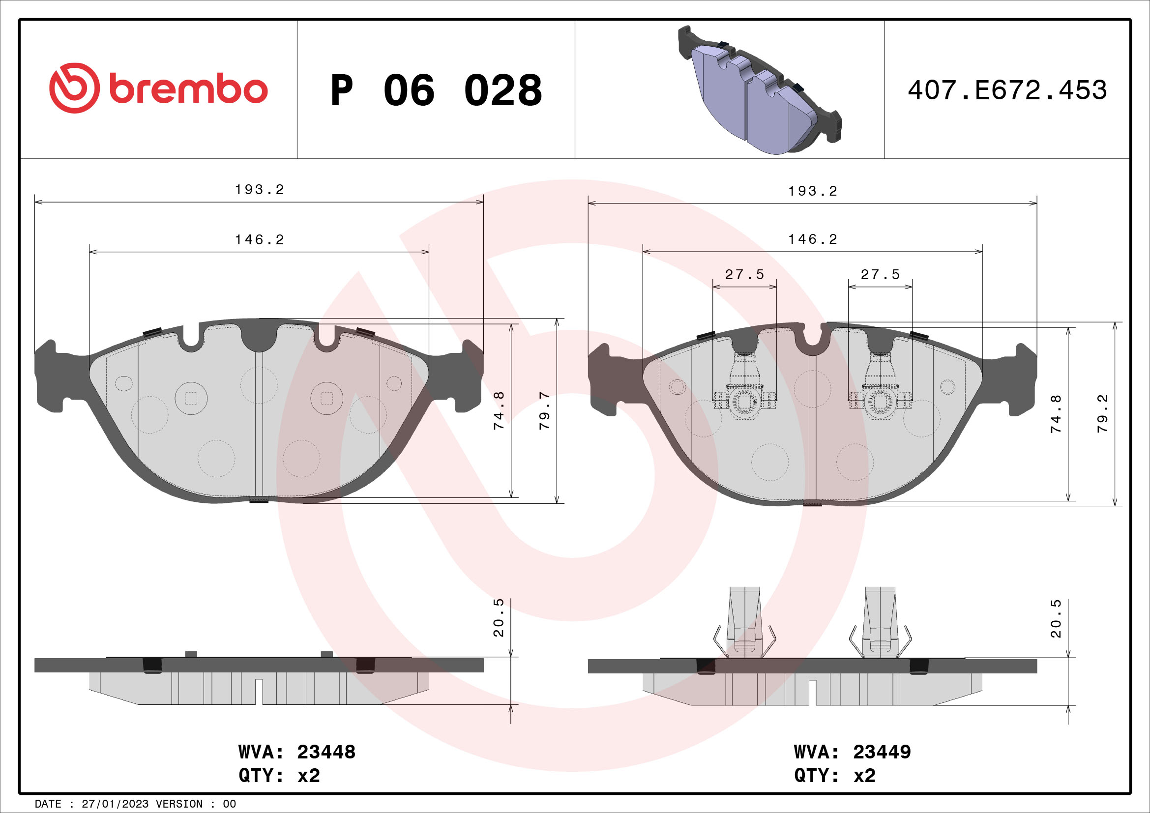 Jeu de 4 plaquettes de frein BREMBO ref. P 06 028