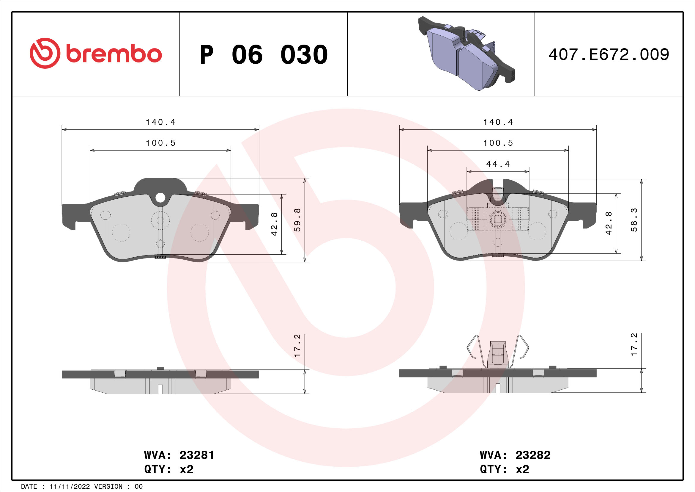 Jogo de 4 pastilhas de travão BREMBO ref. P 06 030