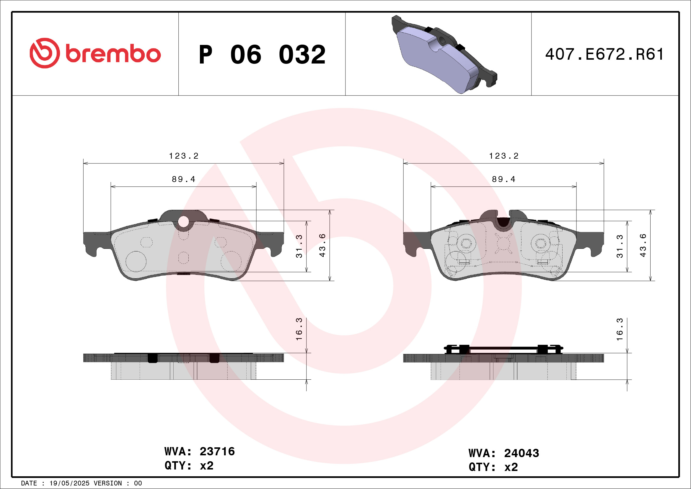 Jogo de 4 pastilhas de travão BREMBO ref. P 06 032