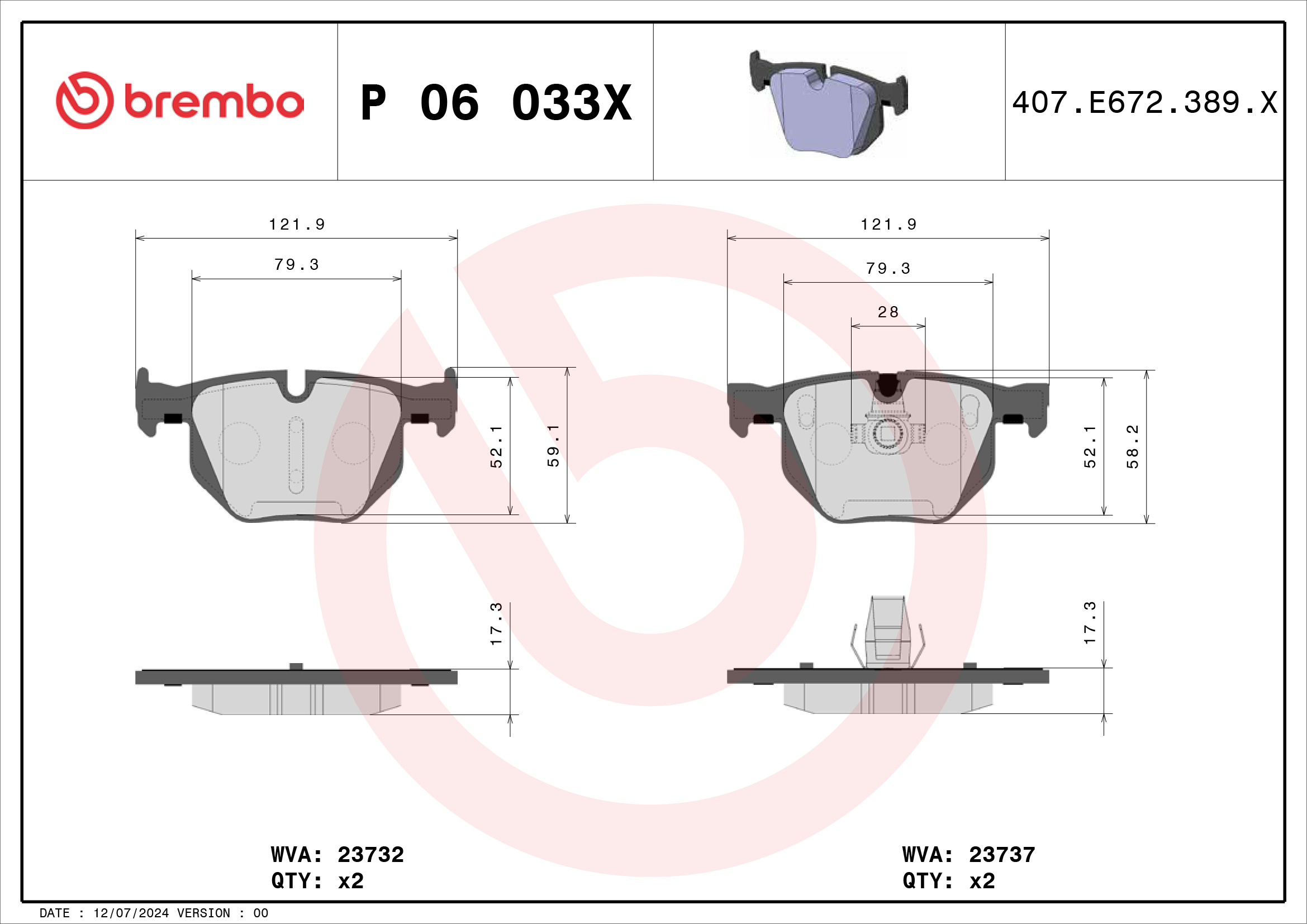 Jogo de 4 pastilhas de travão BREMBO ref. P 06 033X