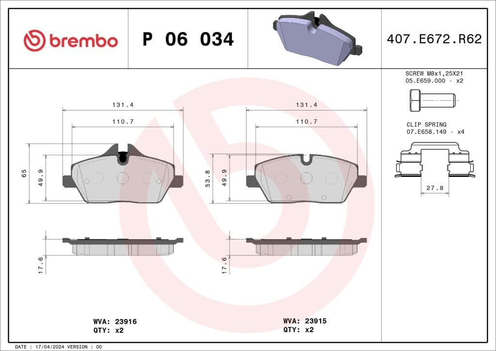 Jogo de 4 pastilhas de travão BREMBO ref. P 06 034
