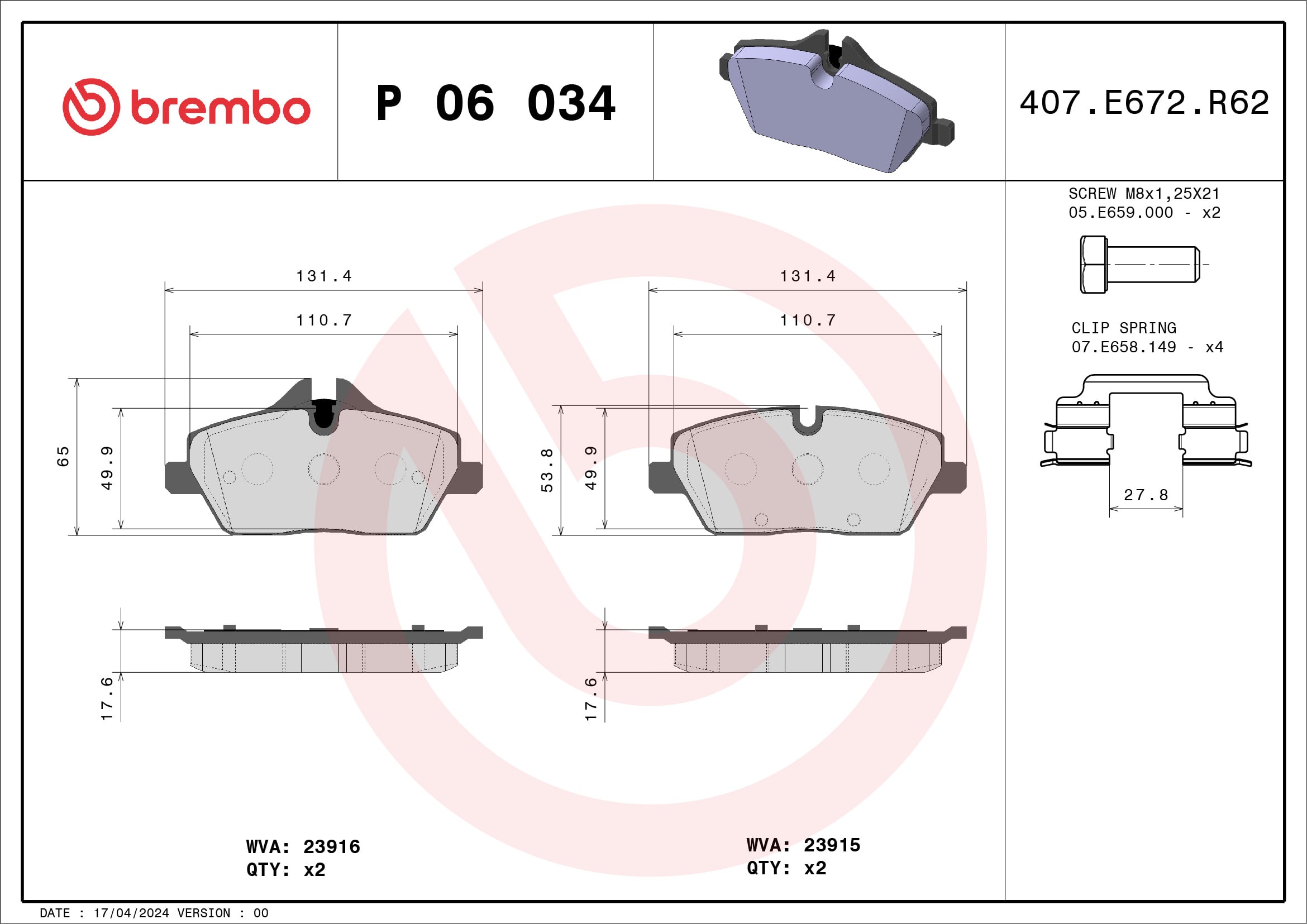 Jogo de 4 pastilhas de travão BREMBO ref. P 06 034