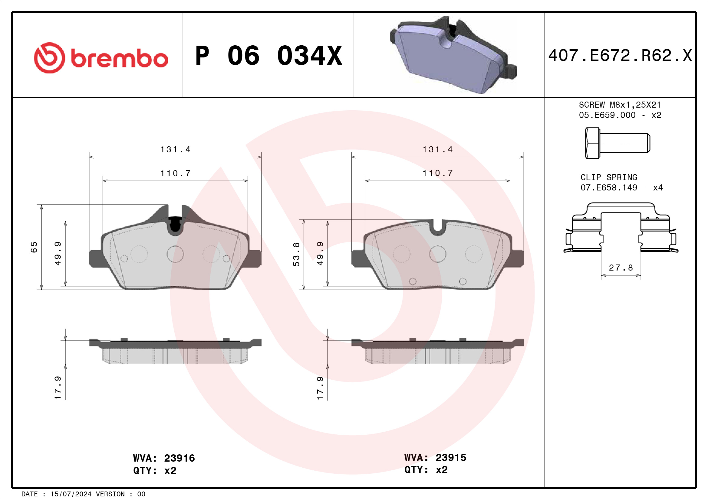 Jogo de 4 pastilhas de travão BREMBO ref. P 06 034X