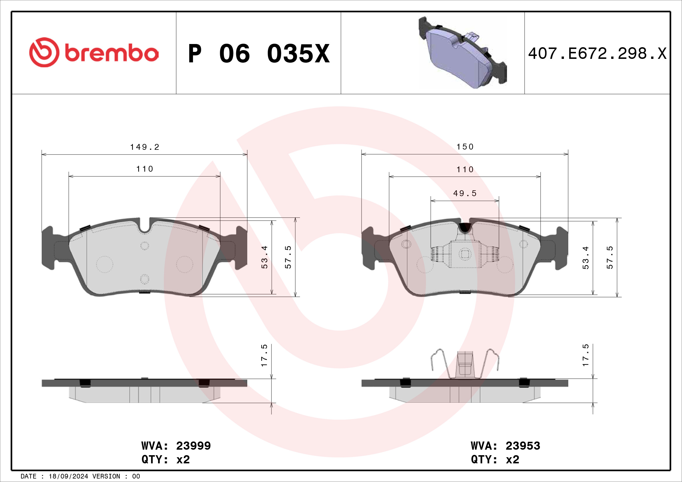 Jogo de 4 pastilhas de travão BREMBO ref. P 06 035X